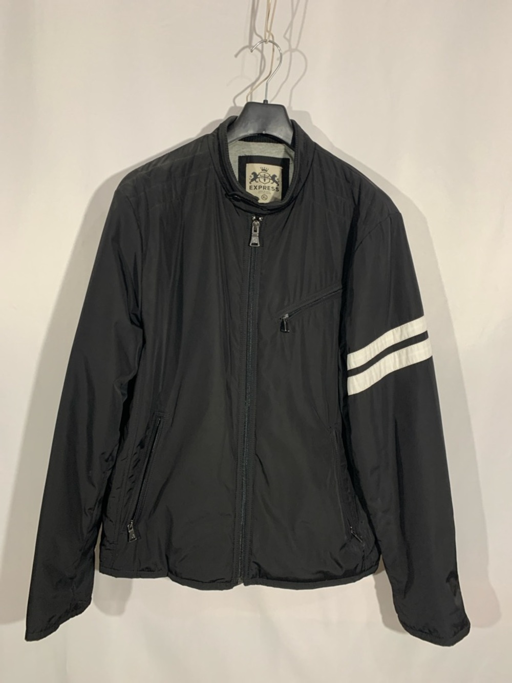 Express Black Bomber Jacket with White Sleeve Stripes